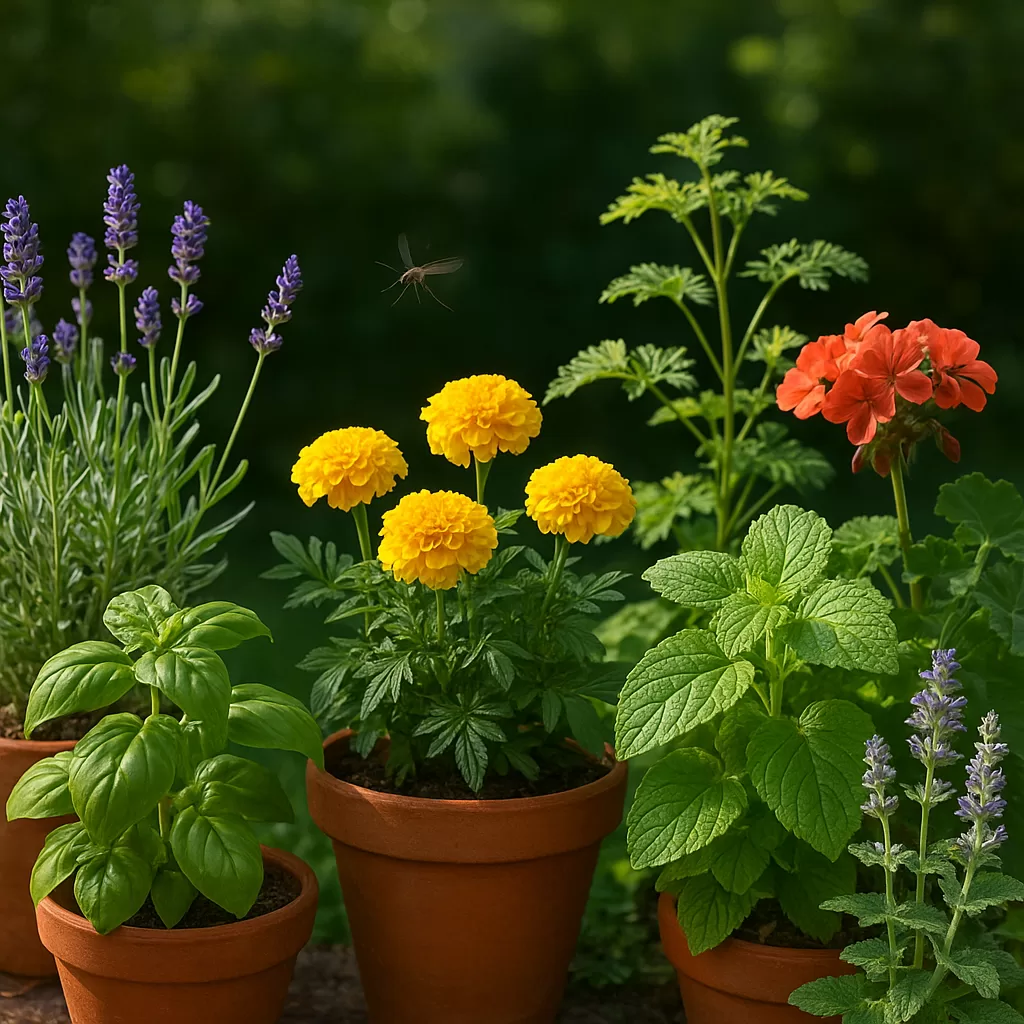 Colorful potted flowers and herbs like marigold, lavender, basil, and mint that keep mosquitoes away and beautify your backya