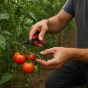 Person harvesting ripe tomatoes with pruning shears, demonstrating pruning and topping for better tomato harvest.