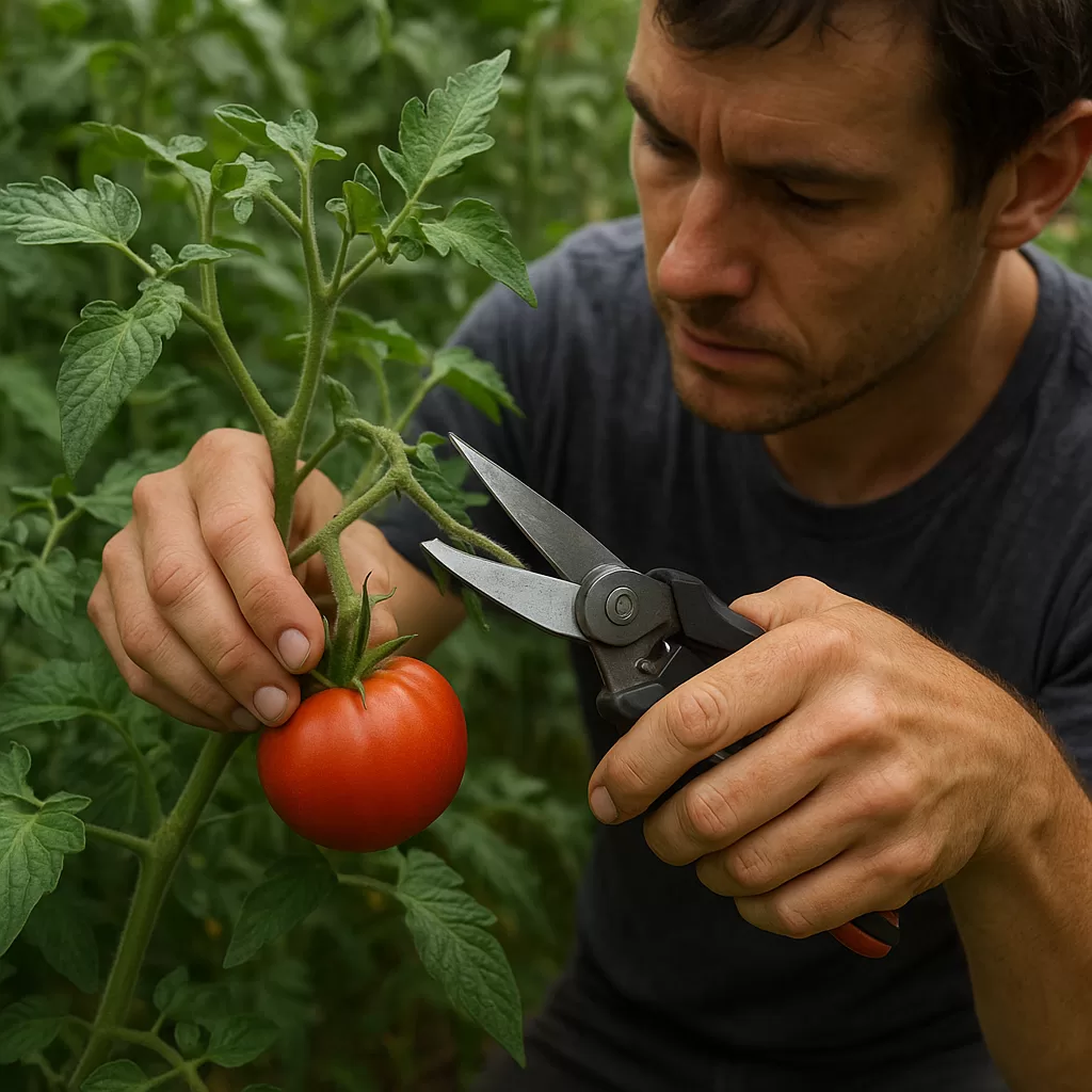 Man harvesting ripe tomato from plant using pruning shears to prune and top tomato plant for better harvest.