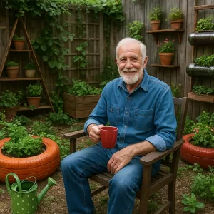 Elderly man smiling with coffee cup in a lush, colorful recycled garden paradise filled with DIY planters and greenery.