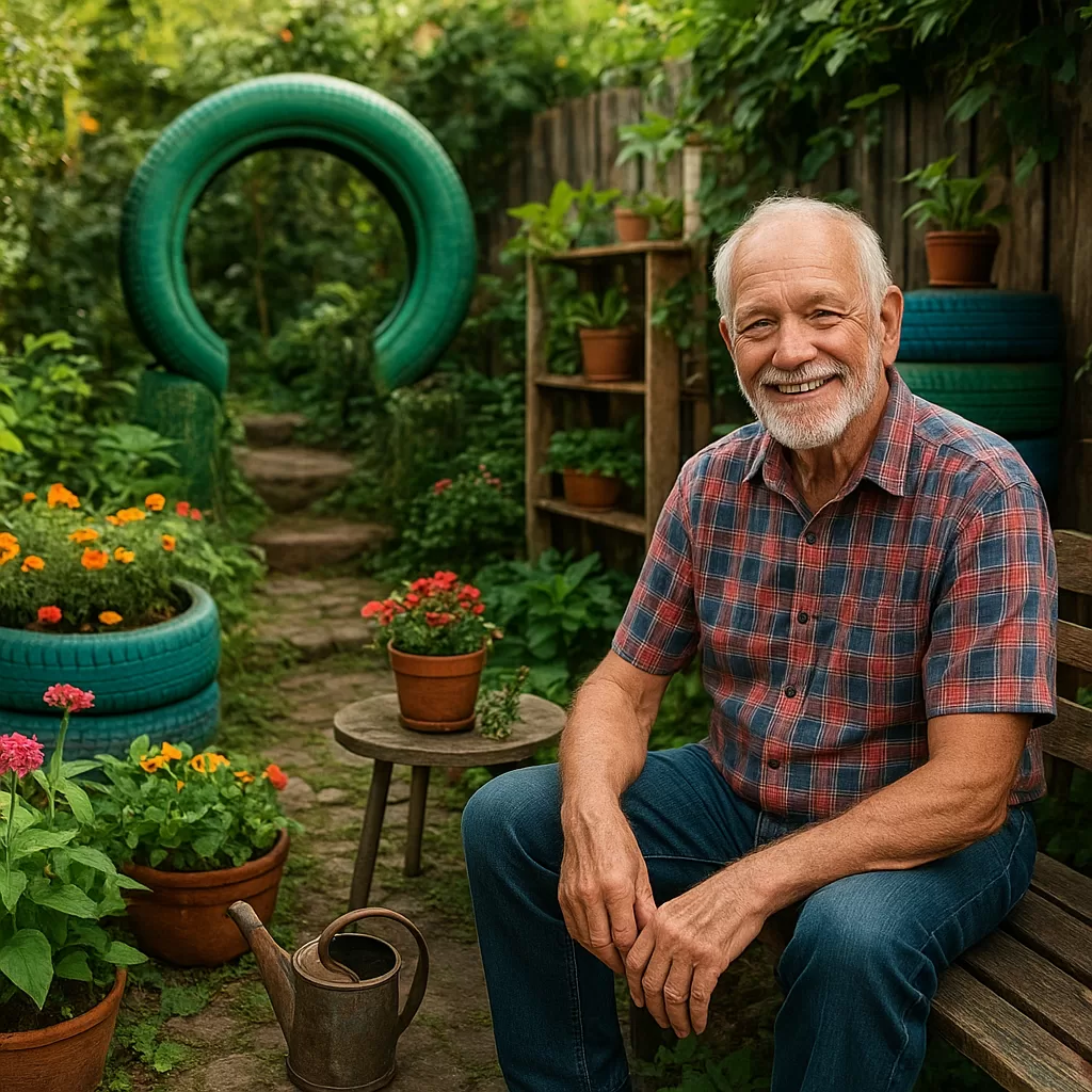 Happy elderly man gardening in lush backyard with colorful flowers and repurposed tire planters.
