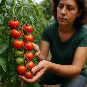 Woman inspecting large, ripe cherry tomatoes growing on a vine in a sunny garden.
