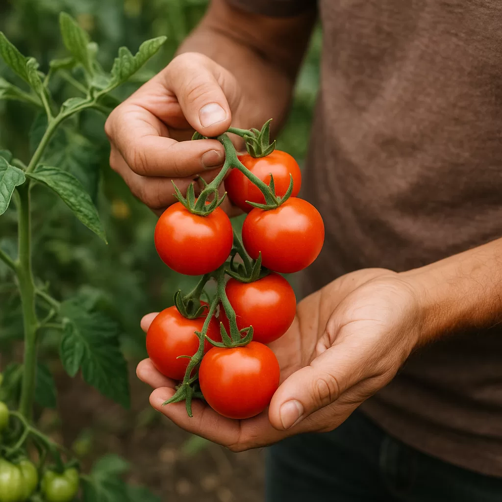 Hands harvesting large, ripe cherry tomatoes from a lush green garden plant.