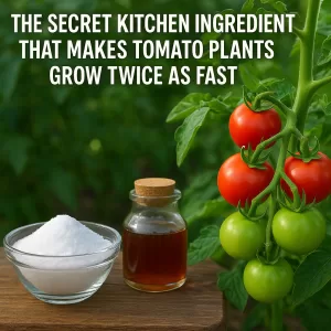 Tomato plants with ripe tomatoes next to baking soda and natural kitchen ingredients boosting growth.