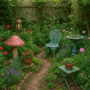 Cozy tiny backyard garden corner with vintage metal chairs, birdbath, and lush flowering plants from thrift store finds.