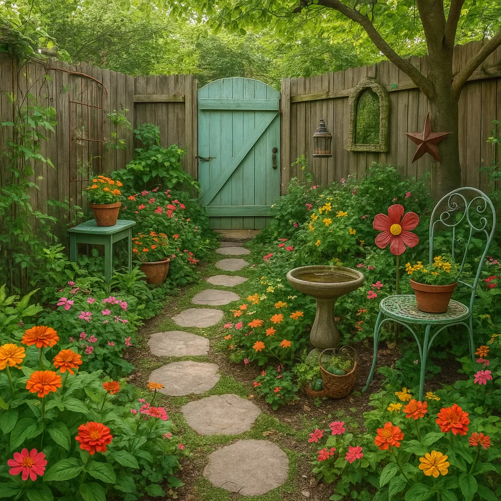 Cozy tiny backyard garden with colorful flowers, stone pathway, wooden gate, and lush greenery, transformed using thrift stor
