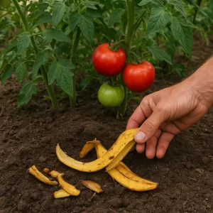 Hand burying chopped banana peel pieces in soil near healthy tomato plants in a garden setting for nutrient-rich growth.