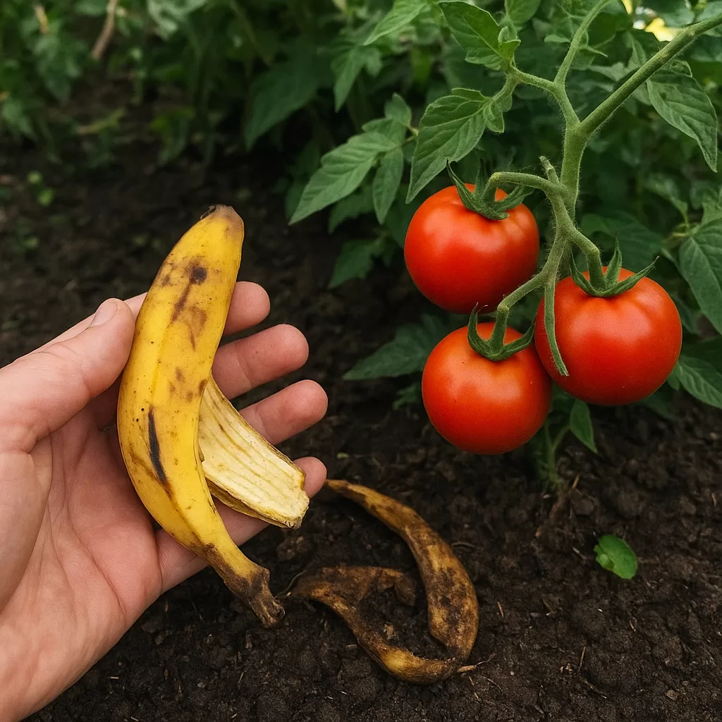 Hand holding a ripe banana near a tomato plant with several red tomatoes growing in soil.