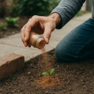 Person sprinkling cinnamon around a young seedling in soil to boost growth and deter pests.