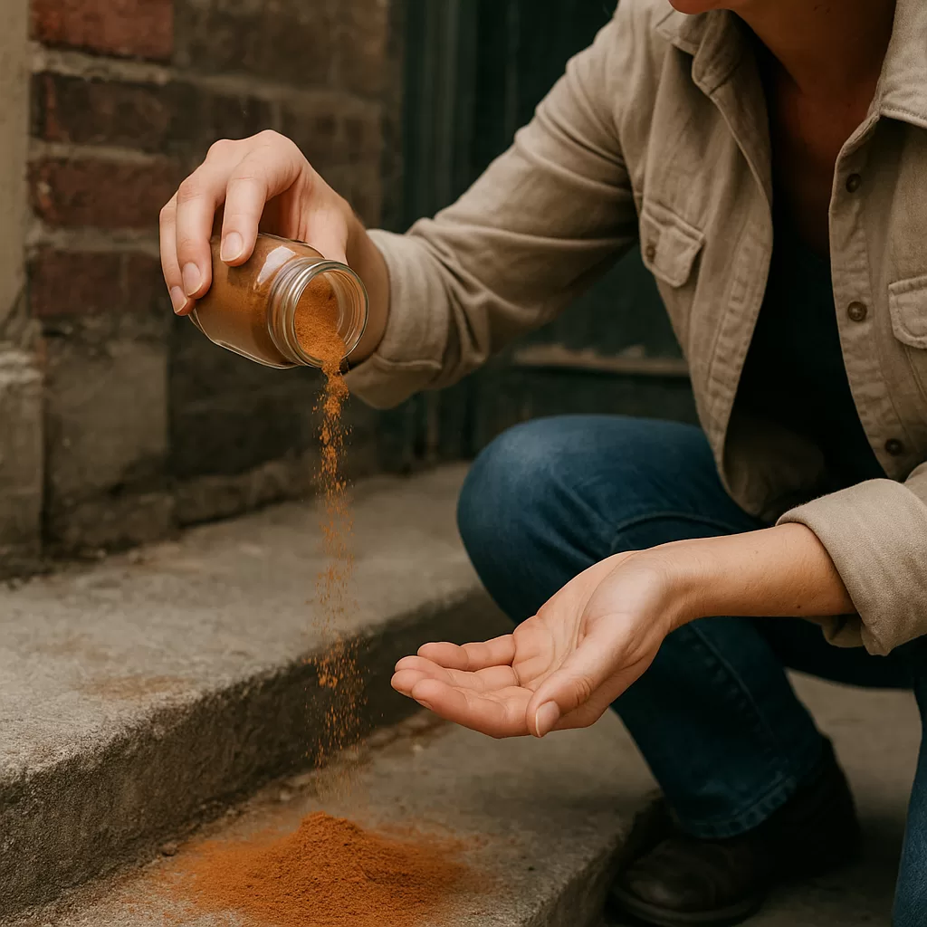 Person sprinkling cinnamon powder from a jar onto their hand outdoors, illustrating cinnamon’s household uses.