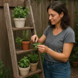 Woman tending to a vertical herb garden made from an old wooden ladder with potted herbs outdoors.