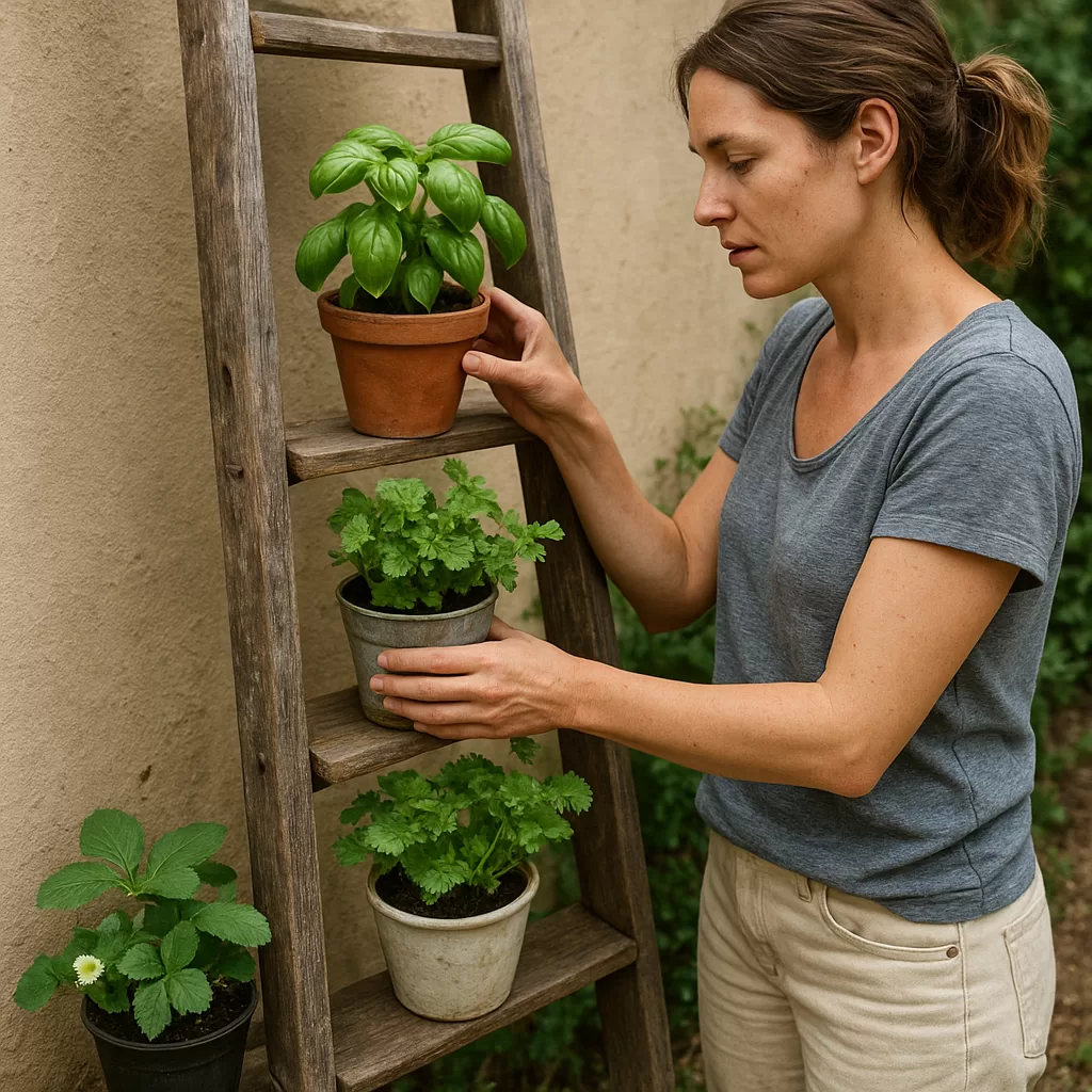 Woman placing potted herbs on a rustic wooden ladder transformed into a vertical garden in a sunny outdoor space.